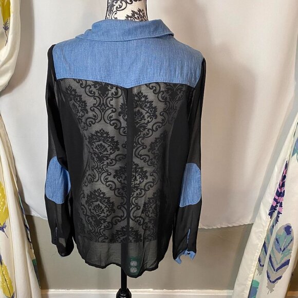 Olsenboye chambray and black sheer snap up long sleeve shirt lightweight - Picture 9 of 11